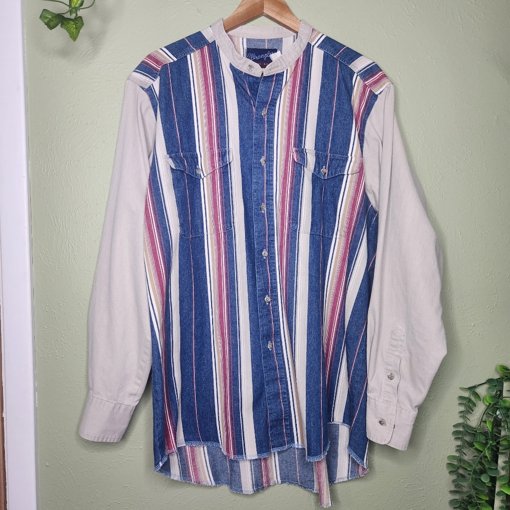 Vintage 90 Wrangler X-Long Tails Western Shirt – Size 16½-35 L Striped Cowboy